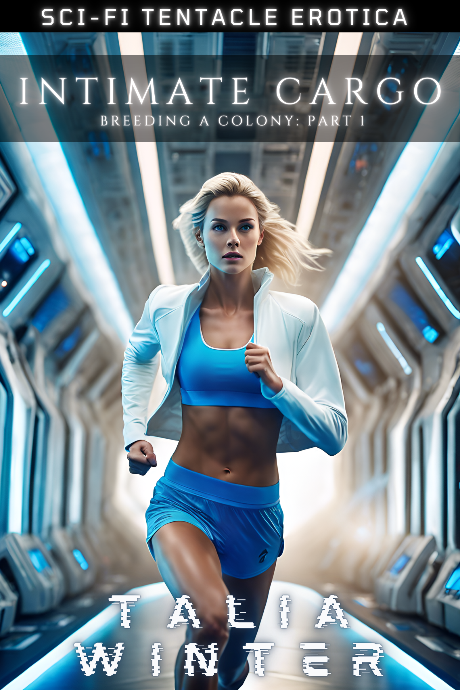 Cover art for "Intimate Cargo": A woman in a sports bra, shorts, and jacket running down a sci-fi corridor.